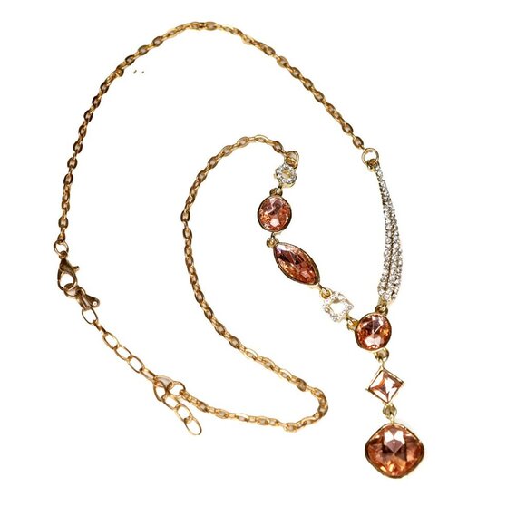 Gold Tone Pendant Necklace Rhinestone Pink Gems Asymmetrical Fashion Jewelry - Picture 10 of 10